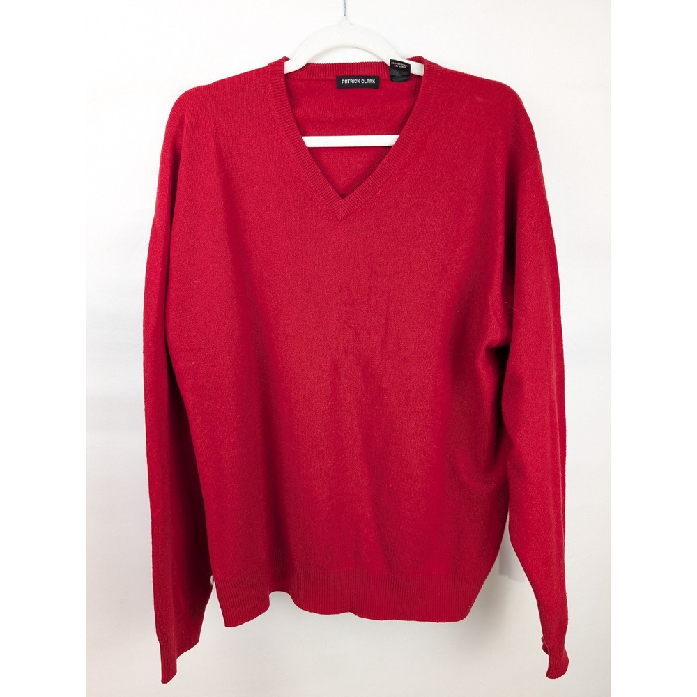 Vintage Patrick Clark Mens 100% Cashmere Sweater Size L Red V Neck Casual Luxury